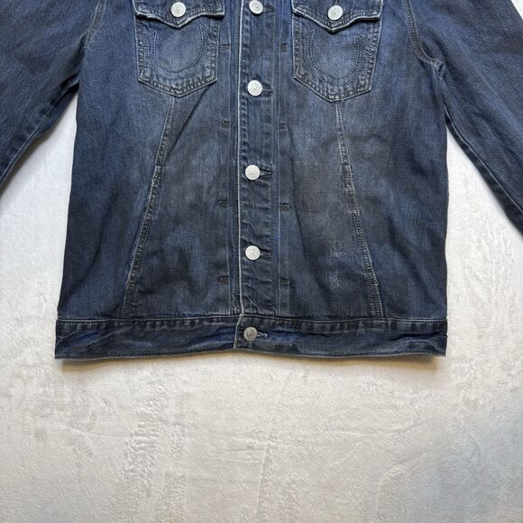 TRUE RELIGION Dylan Distressed Denim Trucker Jacket Flap Pockets Indigo Mens L - Picture 4 of 12